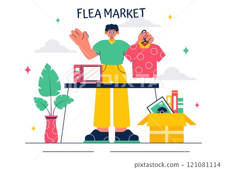 Flea Market Vector Illustration featuring a Second-Hand Shop with Shoppers, Swap Meets, Sellers, and Customers at a Weekend Market in a Business Flea Market Vector Illustration featuring a Second-Hand Shop with Shoppers, Swap Meets, Sellers, and Customers at a Weekend Market in a Business 121081114