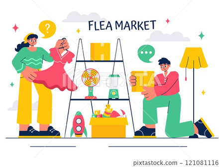 Flea Market Vector Illustration featuring a Second-Hand Shop with Shoppers, Swap Meets, Sellers, and Customers at a Weekend Market in a Business 121081116