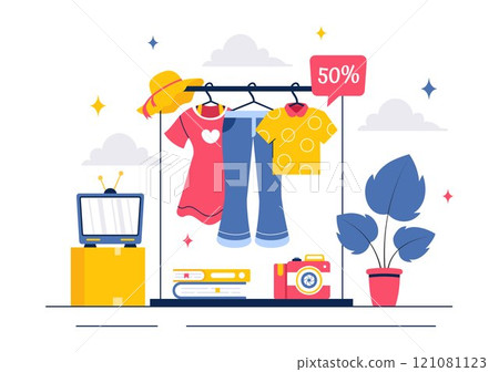 Flea Market Vector Illustration featuring a Second-Hand Shop with Shoppers, Swap Meets, Sellers, and Customers at a Weekend Market in a Business 121081123