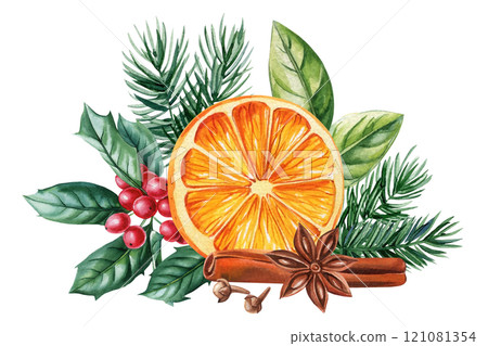 Orange slice, cinnamon stick, star anise, holly berries. Christmas spices, festive arrangement watercolor holiday decor Orange slice, cinnamon stick, star anise, holly berries. Christmas spices, festive arrangement watercolor holiday decor 121081354