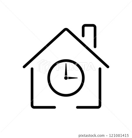House and clock icon in minimalistic style. Short-term rent. Lease term, home rental, temporary housing. Planned home renovation projects. Construction or mortgage payment due dates. 121081415