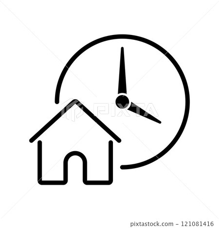 House and clock icon in minimalistic style. Short-term rent. Lease term, home rental, temporary housing. Planned home renovation projects. Construction or mortgage payment due dates. 121081416
