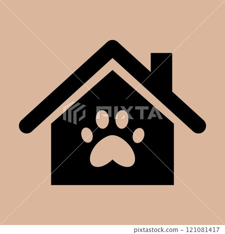 House icon with pet paw print in minimalistic style. House for a pet. Dog box symbol 121081417
