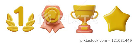Awards 3d icons collection including winner medal gold trophy number one in laurel wreath and star  121081449