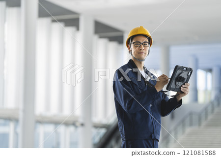 穿著工作服的中年男子拿著平板電腦，看著相機，肖像 121081588