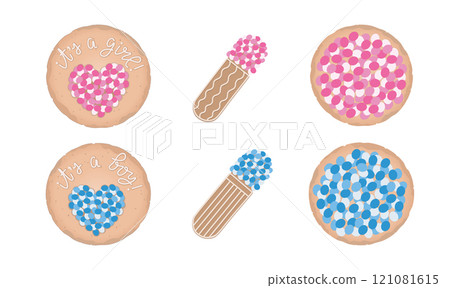 Dutch, Netherlands traditional Beschuit Met Muisjes. Hard, dry treat, biscuit, cookie with pink, blue topping for newbord baby. 121081615