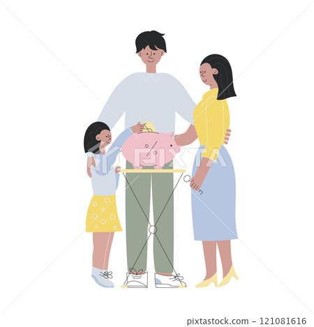 Family with small girl save money for new house, apartment buying. Investment, finance management flat cartoon vector illustration. Piggy bank concept. Family with small girl save money for new house, apartment buying. Investment, finance management flat cartoon vector illustration. Piggy bank concept. 121081616