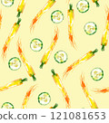 Watercolor vegetable carrot, cucumber pattern, juicy fresh. Watercolor illustration 121081653