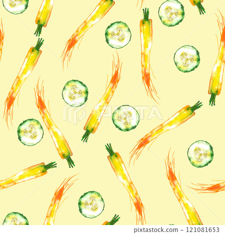 Watercolor vegetable carrot, cucumber pattern, juicy fresh. Watercolor illustration 121081653
