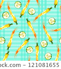Watercolor vegetable carrot, cucumber pattern on cage background, juicy fresh. Watercolor illustration 121081655