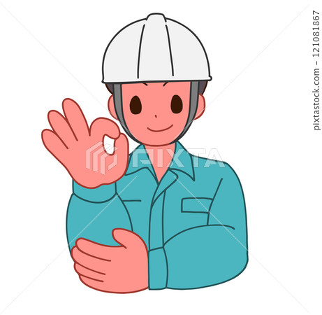 Illustration of a smiling deformed man wearing a helmet and work clothes pointing 121081867