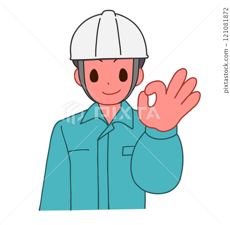 Illustration of a smiling deformed man wearing a helmet and work clothes saying OK 121081872