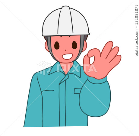 Illustration of a smiling deformed man wearing a helmet and work clothes saying OK Illustration of a smiling deformed man wearing a helmet and work clothes saying OK 121081873