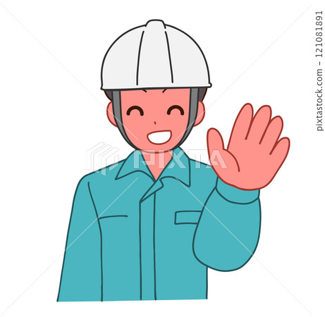 Illustration of a smiling deformed man wearing a helmet and work clothes greeting 121081891