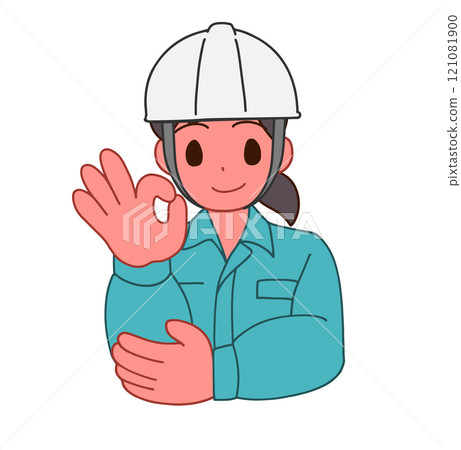 Illustration of a smiling deformed woman wearing a helmet and work clothes saying OK Illustration of a smiling deformed woman wearing a helmet and work clothes saying OK 121081900