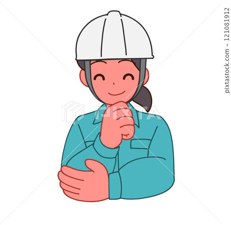 Illustration of a deformed woman wearing a helmet and work clothes, smiling and thinking 121081912