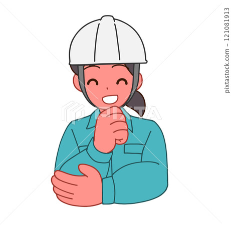 Illustration of a deformed woman wearing a helmet and work clothes, smiling and thinking 121081913