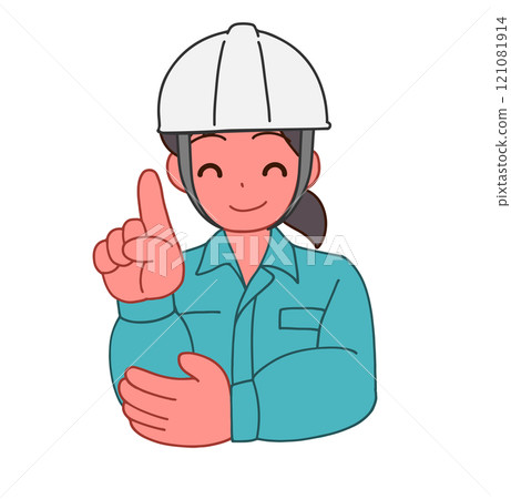 Illustration of a deformed woman wearing a helmet and work clothes pointing with a smile 121081914