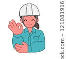 Illustration of a smiling deformed woman wearing a helmet and work clothes saying OK 121081916