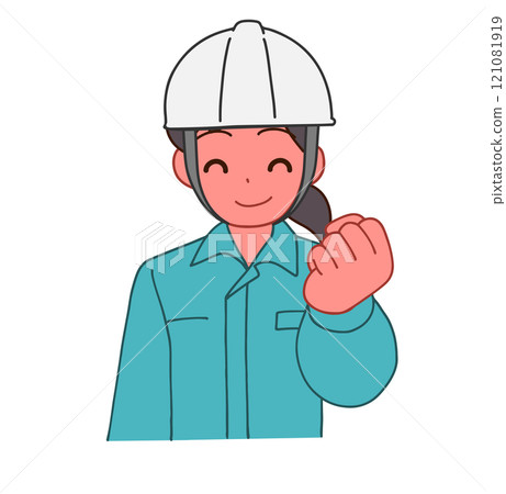 Illustration of a smiling deformed woman wearing a helmet and work clothes making a fist pump 121081919