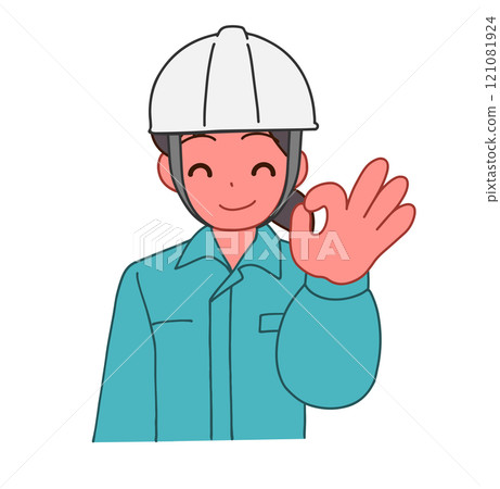 一位戴著頭盔、穿著工作服、微笑著說「好」的變形婦女的插圖 121081924