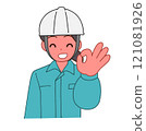 Illustration of a smiling deformed woman wearing a helmet and work clothes saying OK 121081926