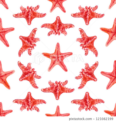 Pattern of starfish in a circle creatures underwater world in watercolor. Asterias Rubens in reddish with a central disk and five arms. The common Starfish, common Sea Star or Sugar Starfish is drawn 121082199