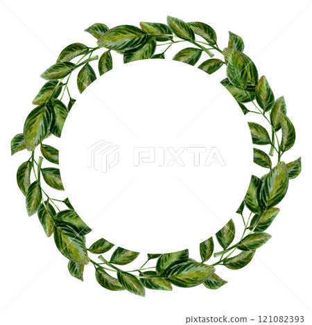 Realistic watercolor artwork of a leafy wreath, adorned with detailed textures and organic shapes. This decorative design evokes the freshness of summer and the essence of natural beauty Realistic watercolor artwork of a leafy wreath, adorned with detailed textures and organic shapes. This decorative design evokes the freshness of summer and the essence of natural beauty 121082393
