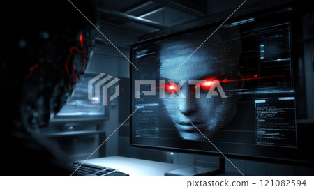 Digital face with glowing red eyes on futuristic computer screen Digital face with glowing red eyes on futuristic computer screen 121082594