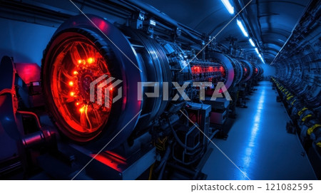 Advanced particle accelerator with glowing red elements in a high-tech laboratory Advanced particle accelerator with glowing red elements in a high-tech laboratory 121082595