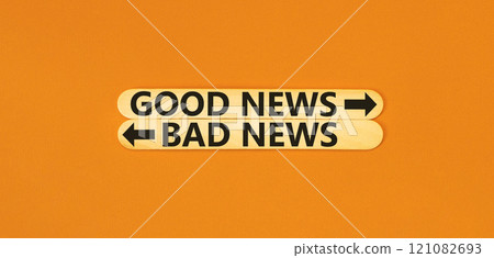 Good or bad news symbol. Concept word Good news Bad news on beautiful wooden stick. Beautiful orange table orange background. Business and Good or bad news concept. Copy space. 121082693