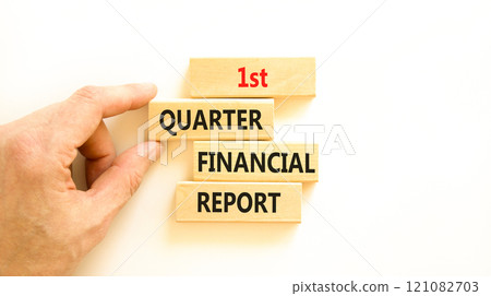 1st quarter financial report symbol. Concept words 1st quarter financial report on beautiful wooden blocks. Beautiful white background. Business 1st quarter financial report concept. Copy space. 121082703
