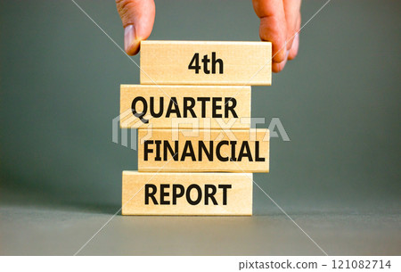 4th quarter financial report symbol. Concept words 4th quarter financial report on beautiful wooden blocks. Beautiful grey background. Business 4th quarter financial report concept. Copy space. 121082714