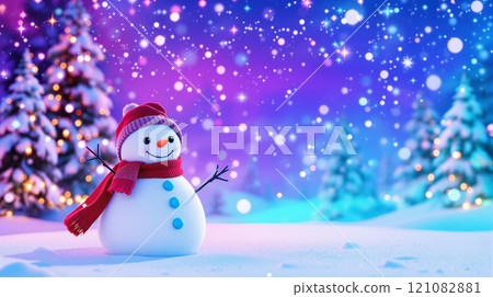 寒假聖誕節背景橫幅 — 戴著羊毛帽和圍巾的可愛滑稽的笑雪人特寫 寒假聖誕節背景橫幅 — 戴著羊毛帽和圍巾的可愛滑稽的笑雪人特寫 121082881