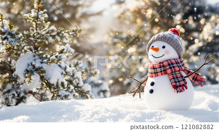 Winter holidays christmas background banner - close up of cute funny smiling snowman wearing woolen hat and scarf Winter holidays christmas background banner - close up of cute funny smiling snowman wearing woolen hat and scarf 121082882