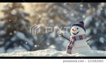 Winter holidays christmas background banner - close up of cute funny smiling snowman wearing woolen hat and scarf 121082883