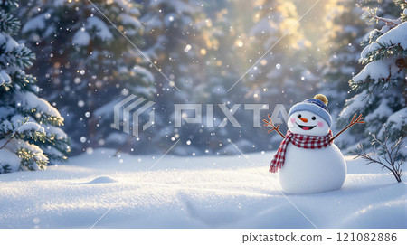 寒假聖誕節背景橫幅 — 戴著羊毛帽和圍巾的可愛滑稽的笑雪人特寫 121082886