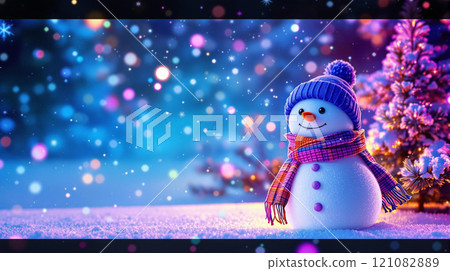 Winter holidays christmas background banner - close up of cute funny smiling snowman wearing woolen hat and scarf 121082889