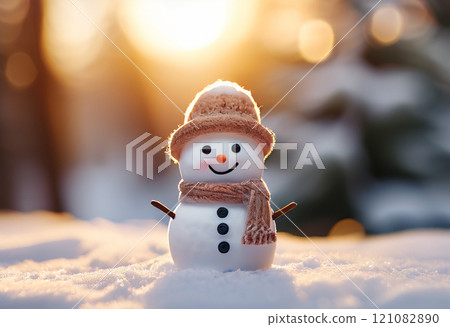 Winter holidays christmas background banner - close up of cute funny smiling snowman wearing woolen hat and scarf 121082890