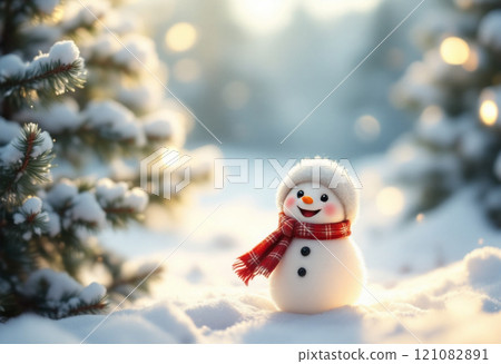 Winter holidays christmas background banner - close up of cute funny smiling snowman wearing woolen hat and scarf 121082891