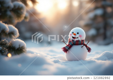 Winter holidays christmas background banner - close up of cute funny smiling snowman wearing woolen hat and scarf 121082892