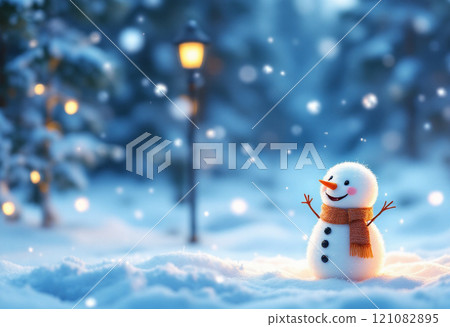 Winter holidays christmas background banner - close up of cute funny smiling snowman wearing woolen hat and scarf 121082895