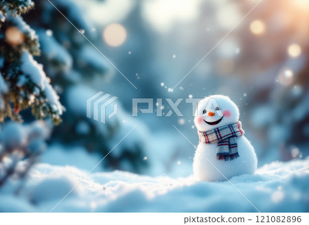 Winter holidays christmas background banner - close up of cute funny smiling snowman wearing woolen hat and scarf 121082896