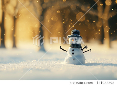 Winter holidays christmas background banner - close up of cute funny smiling snowman wearing woolen hat and scarf 121082898