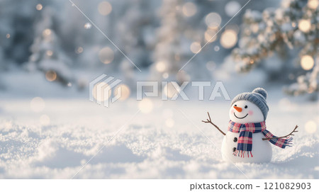 Winter holidays christmas background banner - close up of cute funny smiling snowman wearing woolen hat and scarf 121082903