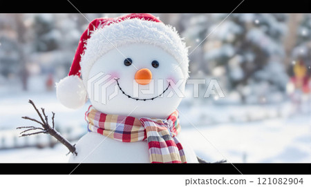 Winter holidays christmas background banner - close up of cute funny smiling snowman wearing woolen hat and scarf 121082904
