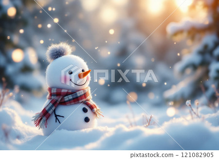 Winter holidays christmas background banner - close up of cute funny smiling snowman wearing woolen hat and scarf Winter holidays christmas background banner - close up of cute funny smiling snowman wearing woolen hat and scarf 121082905