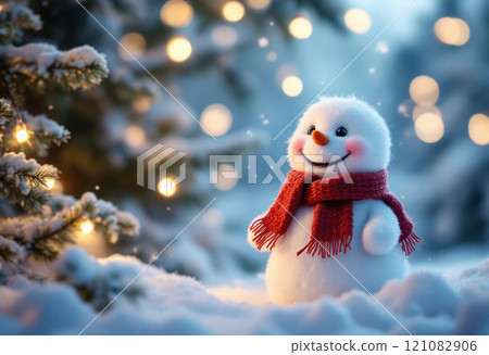 Winter holidays christmas background banner - close up of cute funny smiling snowman wearing woolen hat and scarf 121082906