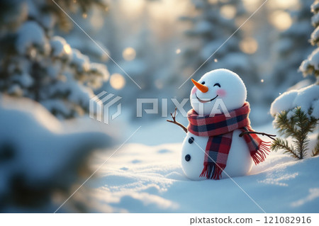 Winter holidays christmas background banner - close up of cute funny smiling snowman wearing woolen hat and scarf 121082916