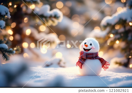 Winter holidays christmas background banner - close up of cute funny smiling snowman wearing woolen hat and scarf 121082921